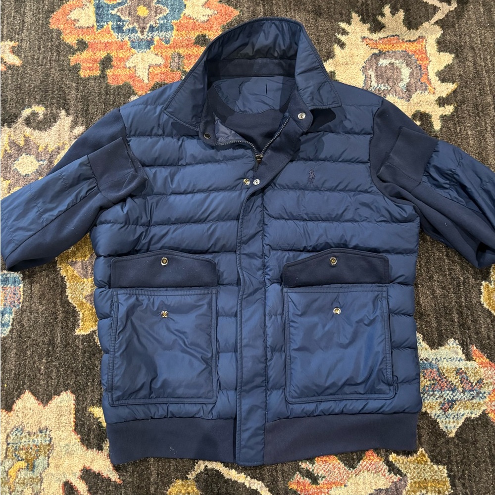 Navy Blue Puffer Jacket with Quilted Design and Hood